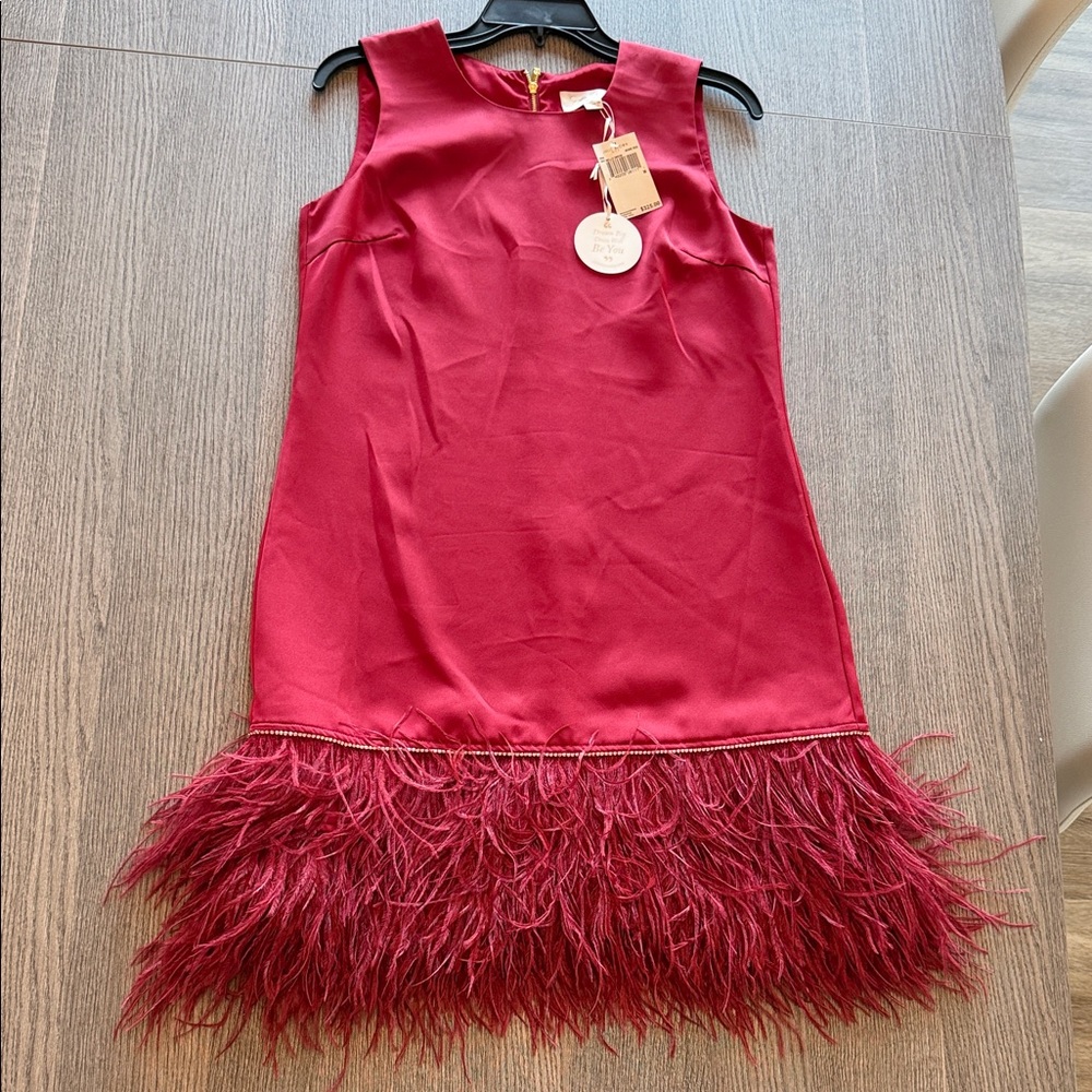 Julie Brown New York Rosey Red Feather Hem Sleeveless Dress Size M